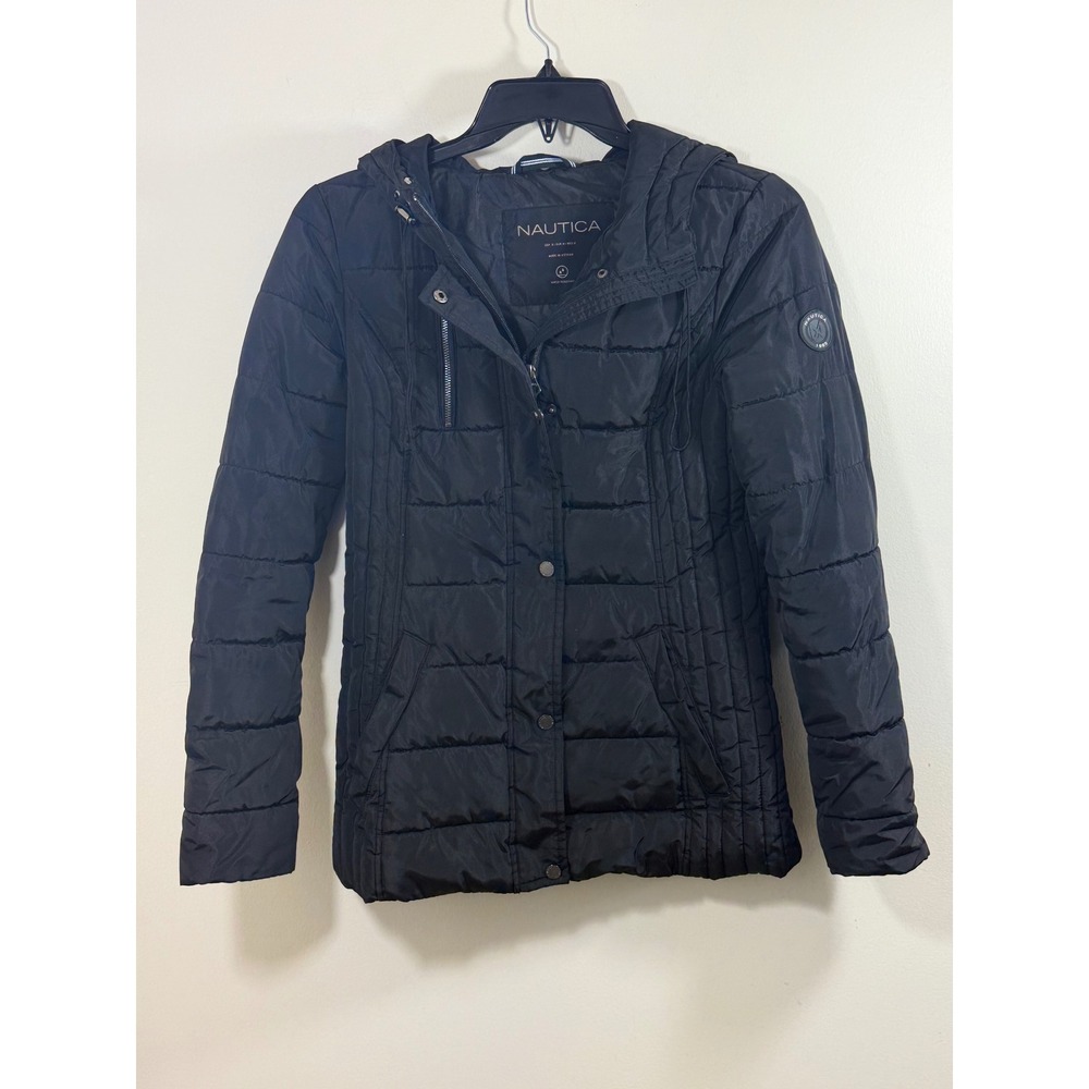 Nautica Women's S Black Hooded Puffer Jacket Water Resistant Winter Coat